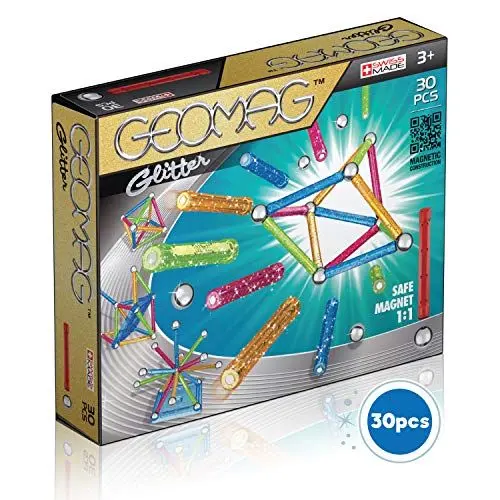 Produktbild: GEOMAG - CLASSIC GLITTER 30 Teile - Glitzerndes Magnetische Bausteine für Kinder ab 3 Ja- Hergestellt in der Schweiz - 13 Glitzernde Farbige Stäbe, 16 Kugeln, 1 Konstruktionsbasis - Magnetspielzeug
