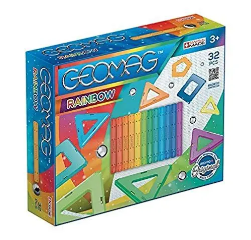 Produktbild: GEOMAG - CLASSIC RAINBOW - 32 Stück - Magnetische Bausteine für Kinder ab 3 Jahren - Hergestellt in der Schweiz - Bunte Bausteine mit 12 Stäben, 9 Kugeln, 11 Platten - Magnetisches STEM-Spielzeug