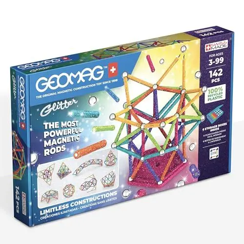 Produktbild: Geomag, Glitter Recycled, Glitzereffekt-Magnetkonstruktionen, Glitzer und Bunte Magnetstäbe, 142 Stück, 100% recycelter Kunststoff