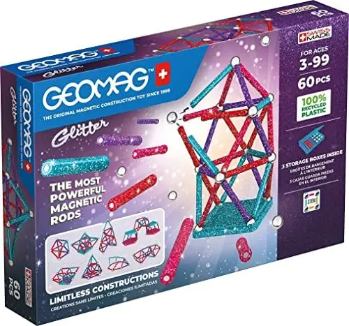 Produktbild: Geomag - Glitter 60 Teile - Magnetische Baustein für Kinder ab 3 Jahren -100% Recycelbarer Kunststoff - Hergestellt in der Schweiz - 28 Stäben, 28 Kugeln,4 Basen -Magnetisches Konstruktionsspiel STEM