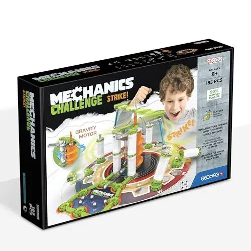 Produktbild: Geomag - Mechanics Challenge Strike -185 Teile - Magnetisches Konstruktionsspiel für Kinder ab 8 Jahren - Metallkugelbahn - Hergestellt in der Schweiz - 90% Recycelter Kunststoff - STEM