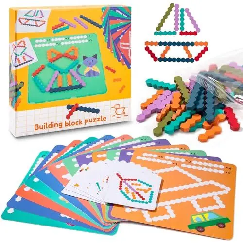 Produktbild: Geometrische Formen Tangrams Holz Puzzle Spielzeug, Hexagon Holzmuster Blöcke Bunte Hölzerne, Intelligenz Puzzle mit Design Karten, Lustiges Montessori Lernspielzeug Geschenke für Kinder Vorschule