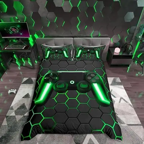 Produktbild: Geometrische Gamer Bettbezug Set Neonlicht Geometrische Trösterbezug Honeycomb Gamepad Gaming Bettwäsche Sets für Kinder Teen Jungen Bienenstock Hexagon Bettbezug 2 Stücke 135x200 Grau Grün