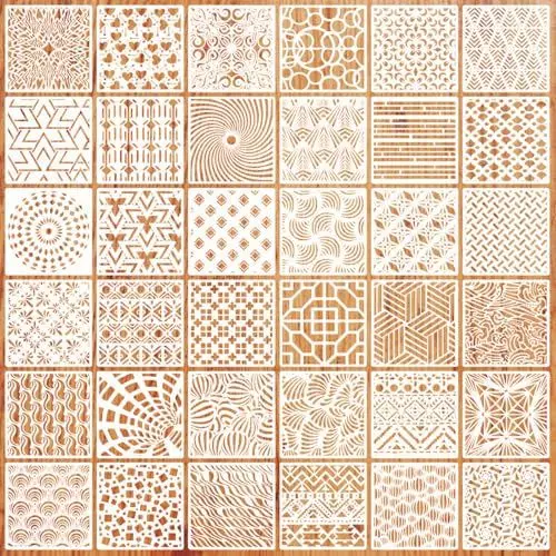Produktbild: Geometrische Schablonen Set 36 Stück 20x20cm Schablonen Wandgestaltung Kunststoff Wand Schablonen Geometrische Wand Stencil Schablonen für Möbelgestaltung, Textilgestaltung, Airbrush Zeichnung