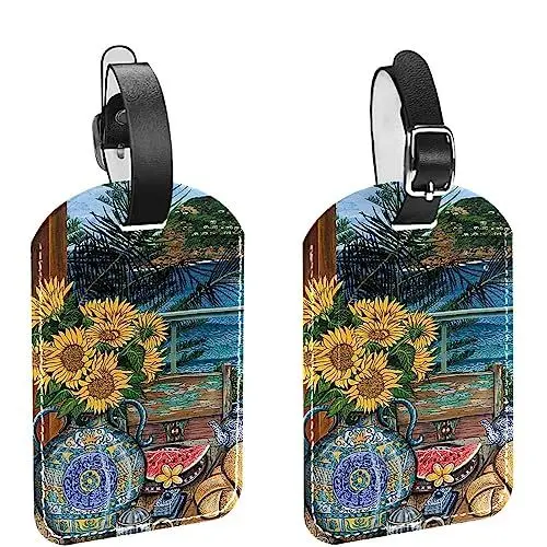 Produktbild: Gepäckanhänger für Koffer, Reiseanhänger aus PU-Leder,Sonnenblumenhaus, Zimmer, Strand,Gepäckanhänger mit Namens-Adressetiketten