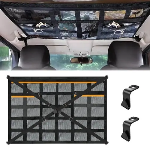 Produktbild: Gepäcknetz Auto, 90×65cm Dachnetz Auto Innen, Gepäcknetz mit Verstellbare Kreuzgurte und 3 unabhängige Reißverschlusstaschen für Vier Dach Armlehnen Jeeps, Van, SUV