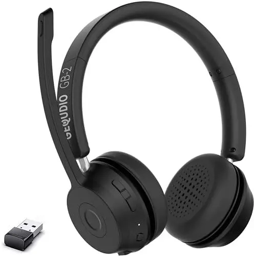 Produktbild: GEQUDIO GB-2 Headset mit Mikrofon Bluetooth | Kopfhörer Kabellos | Passives Noise Cancelling | 2 Geräte gleichzeitig verbinden (Handy, PC, Laptop) | Wireless Headset | Standby 500h (mit USB-Adapter)