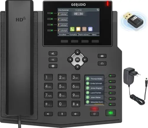 Produktbild: GEQUDIO IP Telefon GX5+ Set mit Netzteil & WLAN Stick - Fritzbox, Telekom kompatibel - Freisprechen & 2X Farbdisplays - Anleitung (PDF) für FritzBox, Sipgate, Telekom Digitalisierungsbox, Speedport