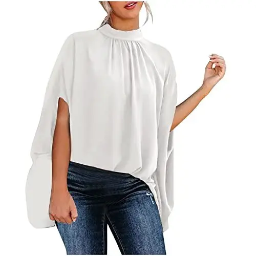 Produktbild: Gerafftes Elastisch Schmetterling Bluse Weiblich Fledermausärmel Hochzeit Lockere Shirt Summer Modern Mock-Hals Hemden Frauen 02-Weiß XL