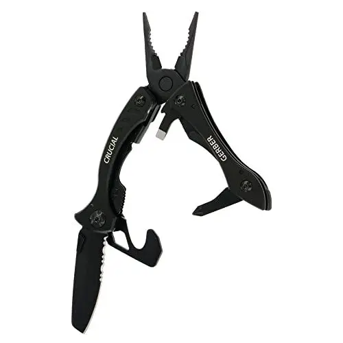 Produktbild: Gerber Multi-Tool mit 9 Funktionen und Gürtel-Clip, Crucial, Mit Gurtschneider und Liner-Lock-Verriegelung, Länge geöffnet: 9,1 cm, Schwarz, 31-001518