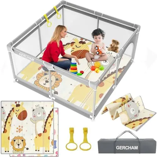 Produktbild: GERCHAM Laufstall Baby, 120x120cm Laufgitter Baby mit Spielmatte, Laufstall Faltbar mit Schaum Matte, Kinder Laufgitter mit Atmungsaktivem Netz an Vier Seiten und Saugnäpfen
