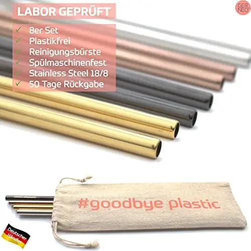 Produktbild: GERNEO® - Labor geprüft - Strohhalm wiederverwendbar 304er Edelstahl - 8er Set + Reinigungsbürste + ToGo Bag - Rückgaberecht, kindergeeignet, umweltfreundlich & plastikfrei (Farb-Mix-gerade-8mm)