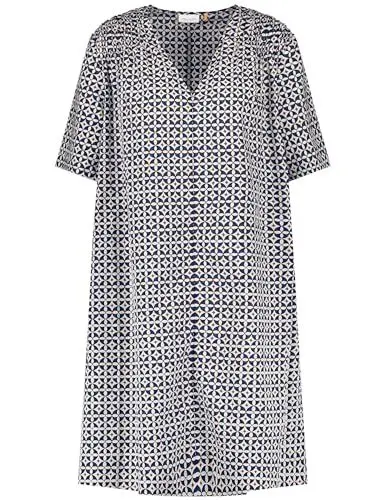 Produktbild: Gerry Weber Damen Baumwollkleid mit gerafftem Schultereinsatz halber Arm Gemustert knieumspielend Blau/Ecru/Weiss Druck 44