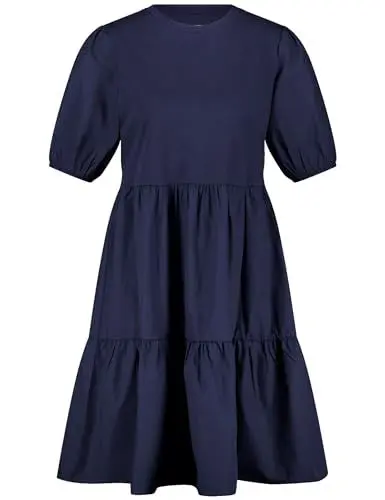 Produktbild: Gerry Weber Damen Baumwollkleid mit gestuftem Rockteil halber Arm, Ballonärmel, elastischer Ärmelsaum unifarben kurz Indigo 46