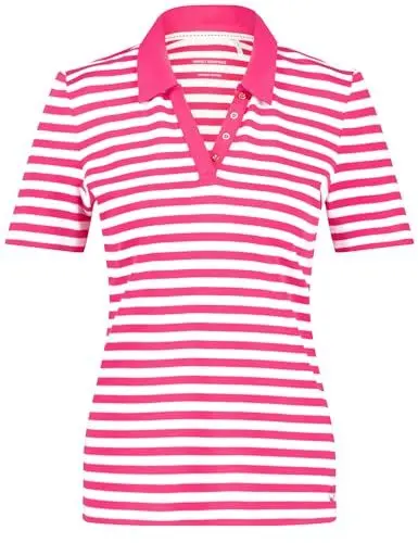 Produktbild: Gerry Weber Damen Gestreiftes Poloshirt aus nachhaltiger Baumwolle Kurzarm gestreift Lila/Pink/Ecru/Weiss Streifen 42