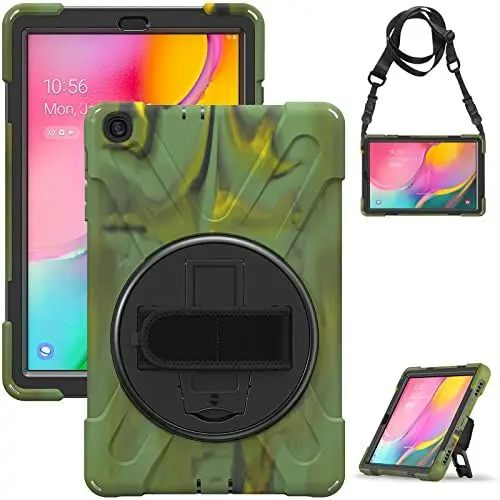 Produktbild: Gerutek Hülle für Samsung Galaxy Tab A T510N / T515N 10,1 2019, Stoßfeste Robust Panzerhülle mit Drehbar Stände, Handschlaufe, Schultergurt Schutzhülle für Samsung Tab A 10.1 2019 T510 / T515, Camo