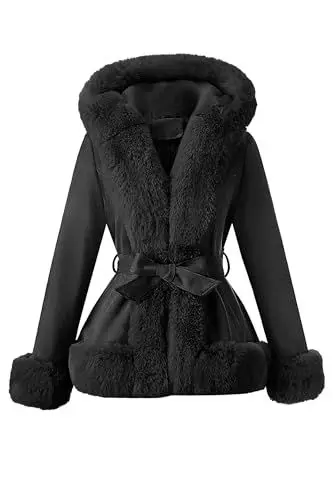Produktbild: Geschallino Damen-Mantel aus Wildlederimitat Trendige Winterjacke mit Kapuze Warmer Fleece Gefütterter Mantel mit Gürtel 216 Schwarz L