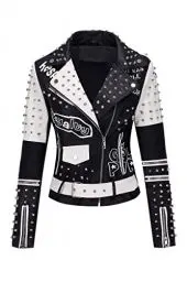Produktbild: Geschallino Damen Jacke Kunstleder Große Größen Graffiti Nietennieten Punk Blumen Moto Biker Mantel 0376Plus Schwarz 4XL