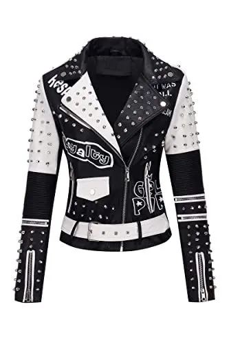 Produktbild: Geschallino Damen Jacke Kunstleder Große Größen Graffiti Nietennieten Punk Blumen Moto Biker Mantel 0376Plus Schwarz 4XL
