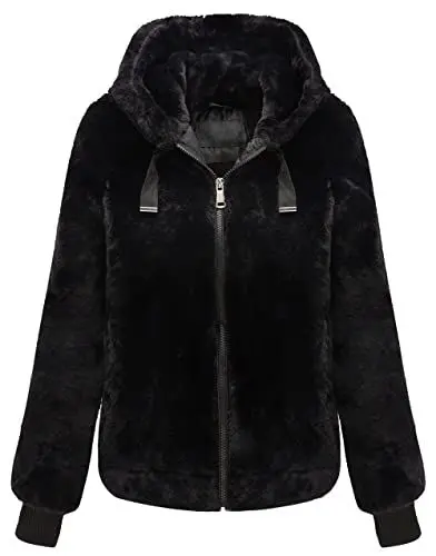 Produktbild: Geschallino Damen Kunstfelljacke Fleece Mantel Winter Warme Flauschige Zottelige Shearling Kurz jacke mit Kapuze 1712014 Schwarz XL