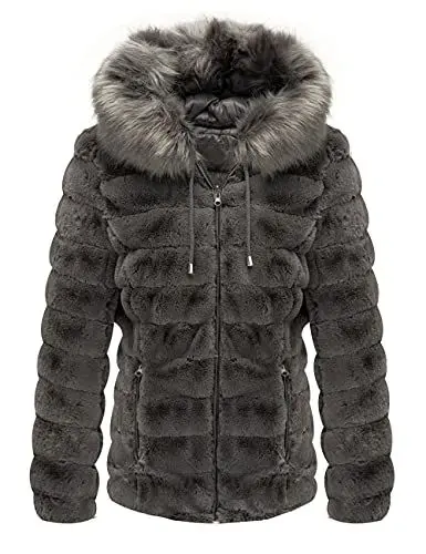 Produktbild: Geschallino Damen Wende jacke Kunstfelljacke Steppmantel Gepolsterter Kurz Wintermantel mit Kapuze 19225 Grau M