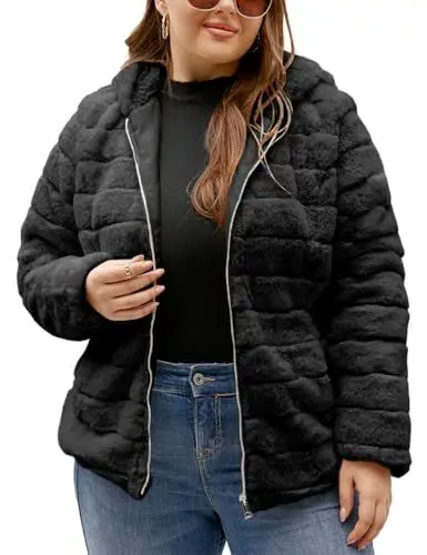 Produktbild: Geschallino Kunstpelzmantel für Damen Flauschige Zottel Winter Kurz Oberbekleidung Sherpa Fleecejacke mit Kapuze 1801 Schwarz XXL