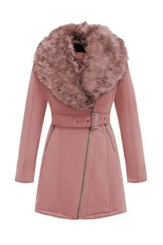 Produktbild: Geschallino Lange Jacke aus Wildlederimitat für Damen, Moto Biker Parka Mantel mit abnehmbarem Pelzkragen FF206 Rosa M