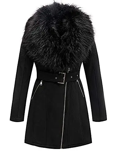 Produktbild: Geschallino Damen Lang Jacke aus Wildlederimitat Winter Warmer Fleece Gefütterter Parka mit Abnehmbarem Pelzkragen FF206 Schwarz S