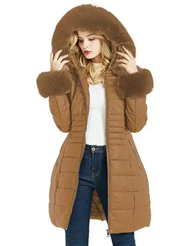 Produktbild: Geschallino Steppmantel für Damen Langer Winter Wattierter Dicker Parka Mantel mit Abnehmbarem Kunstpelzkragen SS804 Braun L