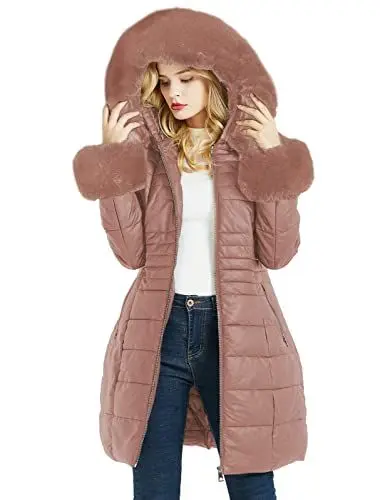 Produktbild: Geschallino Steppmantel für Damen Langer Winter Wattierter Dicker Parka Mantel mit Abnehmbarem Kunstpelzkragen SS804 Rosa M