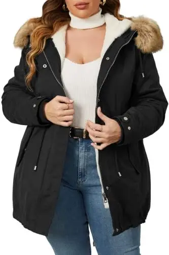 Produktbild: Geschallino Women's Plus Size 3-in-1 Winterjacke Kunstpelz gefüttert dicken Parka Mantel warm Military Style Casual Oberbekleidung mit Reißverschluss entfernen innen 7626 Schwarz 1X
