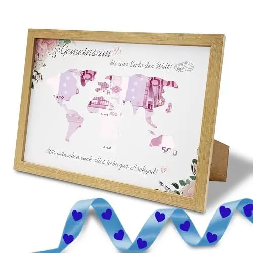 Produktbild: Geschenk Hochzeit Geldgeschenk, Personalisiertes Geldgeschenk Hochzeit, Hochzeitsgeschenke für Brautpaar Geld, Hochzeitsgeschenk Verpackung mit Weltkarte im Holz Bilderrahmen