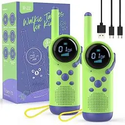 Produktbild: Geschenk Junge Mädchen 3 4 5 6 7 8 Jahre, Kearui Walkie Talkie Kinder Aufladbar, Funkgeräte Kinder Outdoor Spielzeug mit 8 Kanäle, LED Taschenlampe, VOX Funktion für Abenteuer, Camping(Grün Lila)