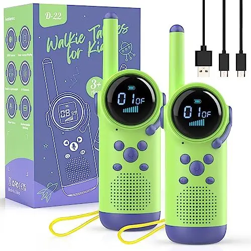 Produktbild: Geschenk Junge Mädchen 3 4 5 6 7 8 Jahre, Kearui Walkie Talkie Kinder Aufladbar, Funkgeräte Kinder Outdoor Spielzeug mit 8 Kanäle, LED Taschenlampe, VOX Funktion für Abenteuer, Camping(Grün Lila)