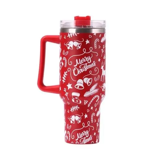 Produktbild: Geschenk Weihnachten Trinkflasche mit Strohhalm Henkel 1.18L/40oz - Thermobecher Kühlt - Heiße Getränke Edelstahl Vakuum Isolierbecher Autobecher Trinkbecher Thermosflasche (Rot -Merry Chrismas)