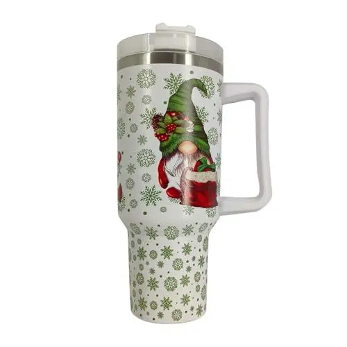 Produktbild: Geschenk Weihnachten Wichtel Muster Trinkflasche mit Strohhalm Henkel 1.18L/40oz - Thermobecher Kühlt - Heiße Getränke Edelstahl Vakuum Isolierbecher Autobecher Trinkbecher Thermosflasche (Grün)