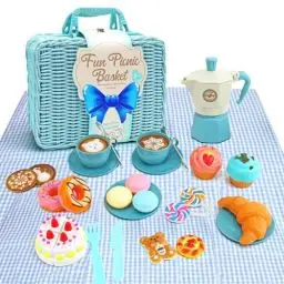 Produktbild: Geschenk für Jungen Mädchen 3 4 5 6 Jahre, Picknickkorb Kinder mit Decke 30-teiliges Teeservice mit Dessert Kaffeemaschine Puppenküche Kinder Geschirrset, Zubehör, Outdoor Spielzeug Rollenspiele(Blau)
