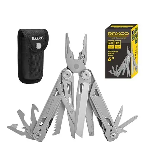 Produktbild: Geschenk für Männer, Raxco 15-in-1 Multitool Zange mit Nylontasche, faltbare Multifunktionszange Edelstahl Multitool Werkzeug mit Schere, Flaschenöffner und Schraubendreher für Outdoor und Camping