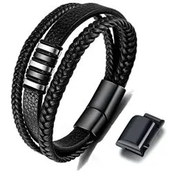 Produktbild: Gkmamrg Geschenk für Männer - Herren Armband - Lerderarmband - Leder Armreif schwarz - geflochten Echtleder Breites Wickelarmband mit Magnet Verschluss