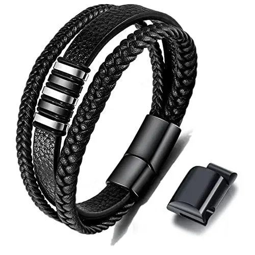 Produktbild: Gkmamrg Geschenk für Männer - Herren Armband - Lerderarmband - Leder Armreif schwarz - geflochten Echtleder Breites Wickelarmband mit Magnet Verschluss