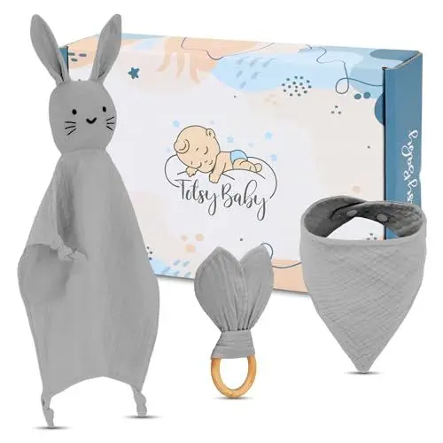 Produktbild: Baby Geschenk Junge und Mädchen Musselin Newborn Set - Schnuffeltuch Babygeschenke zur Geburt Babyparty Babyset Schmusetuch Lätzchen und Beißring für Neugeborenen Grau