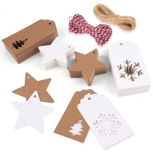 Produktbild: Geschenkanhänger Weihnachten, 200 Stück Anhänger Zum Beschriften, Kraftpapier Anhänger mit 20M Jute Schnur, Etiketten Anhänger, Geschenk Etiketten für Weihnachtsgeschenke Weihnachtsbäume Flaschen