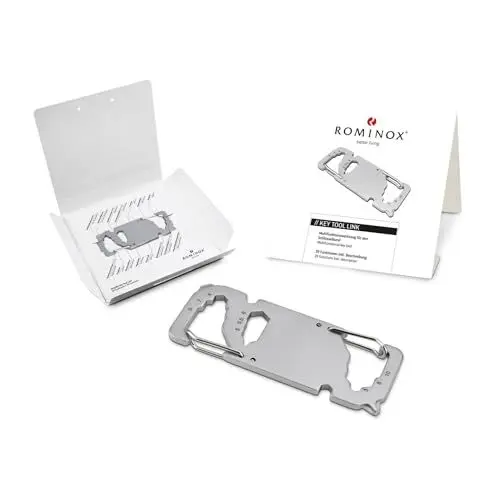 Produktbild: Geschenkartikel: ROMINOX Key Tool // Link – 20 Funktionen, Karabiner, Keytool Schlüsselanhänger, Edelstahl Multitool inkl. Funktionsbeschreibung, Multifunktionswerkzeug, auf Reisen oder Urlaub