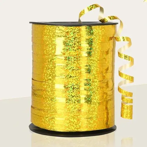 Produktbild: CC wonderland zone Geschenkband Gold Glänzendes (457m x 5mm) Ringelband, Glänzendes Ballonband für Partydeko und Geschenke Dekoband