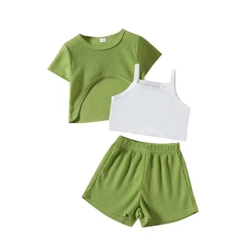 Produktbild: Geschenke für 8-Jährige Mädchen Braunes Mädchen-T-Shirt Pullover für Mädchen Kleinkind Kinder Baby Mädchen Solide Tops Slingbacks Shorts Outfits Set Kleidung (Green, 6-9 Months)
