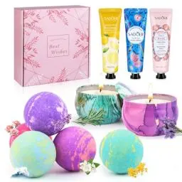 Produktbild: Geschenke für Frauen, Badebomben Handcreme Duftkerzen Set, 5 Handgefertigte Badekugeln 2 Aroma Duftkerzen 3 Handcreme, Geburtstagsgeschenk für Frauen Geschenkset Frauen