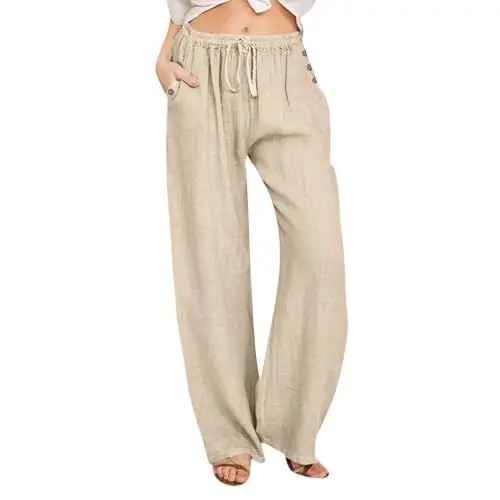 Produktbild: geschenke für frauen Leinenhose Damen Sommer Freizeit Hose Lang Locker Sommerhose Lässige Leinenhose Gerades Arbeitshose Bein Stoffhose Leicht Strandhose mit Kordelzug und Taschen(Beige,XL)