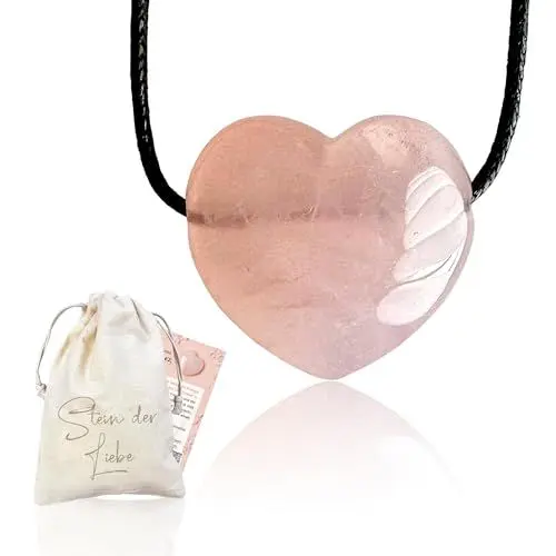 Produktbild: Geschenkset: Rosenquarz Kette (Stein der Liebe) echter Stein (Unikat| Anhänger Herz wertvoller Edelstein (inkl. Geschenkverpackung) Glückskette (Herz 25mm)