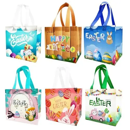 Produktbild: HeDaKang Geschenktaschen zum Befüllen Ostern Süßigkeiten - Geschenktüten für Ostergeschenke Osterhasen Schokolade Ostereier Einkaufstasche Ostertüten Tote Bag Ostertasche mit Griffen, 6 Stücke