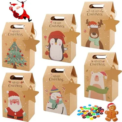 Produktbild: Geschenktüten Weihnachten,24 Stück Kraftpapiertüten Weihnachten in 6 Designs mit Weihnachten Etikett Kraftpapier Tüten Geschenkbox für Kekse, Süßigkeiten & Leckereien Geschenken Geschenkbox